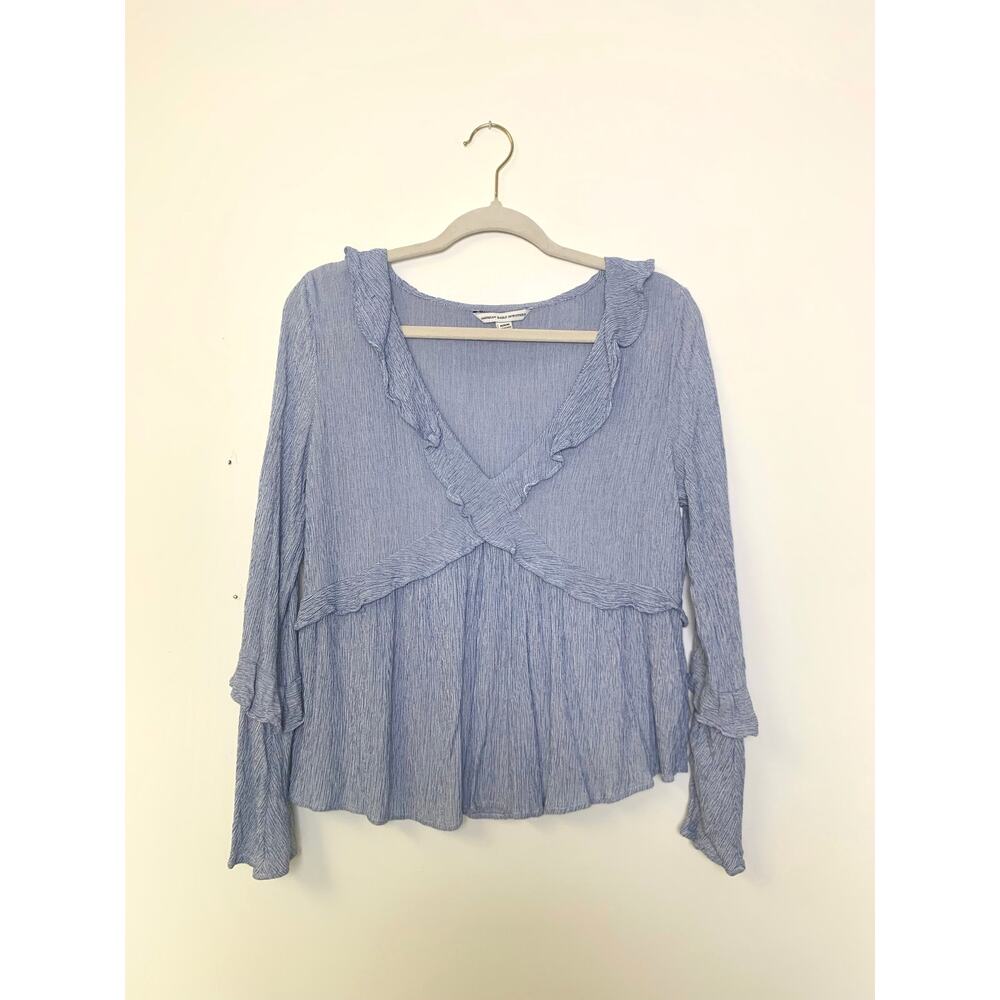 American Eagle Outfitters Bell Sleeve Ruffle V-Neck Peplum Blouse Women's Size M